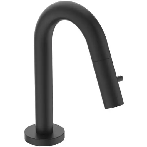 Schwarzes Standventil mit geschwungenem Design und einem seitlichen Hebel, hergestellt von Ideal Standard.